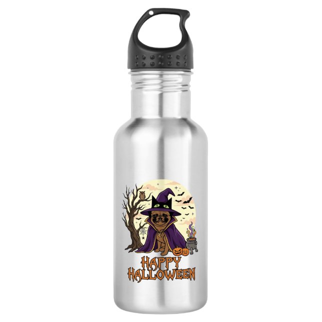Happy Halloween Pug Witch Hat Cauldron Pumpkins_1 532 Ml Water Bottle (Front)