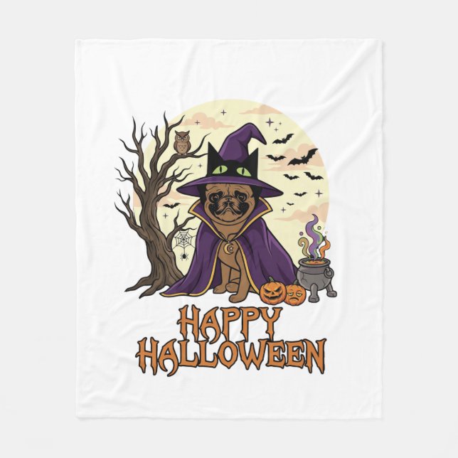 Happy Halloween Pug Witch Hat Cauldron Pumpkins_1 Fleece Blanket (Front)
