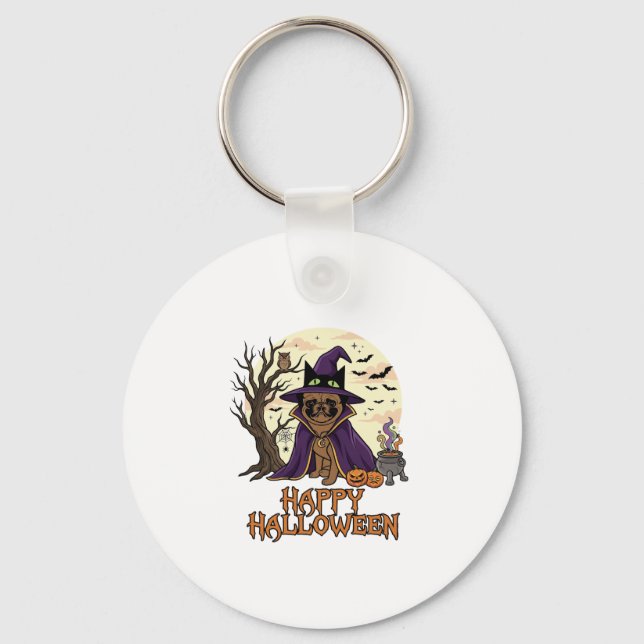 Happy Halloween Pug Witch Hat Cauldron Pumpkins_1 Key Ring (Front)