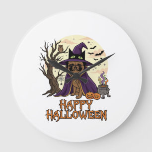 Happy Halloween Pug Witch Hat Cauldron Pumpkins_1 Large Clock