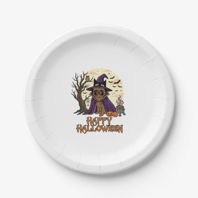 Happy Halloween Pug Witch Hat Cauldron Pumpkins_1 Paper Plate (Front)