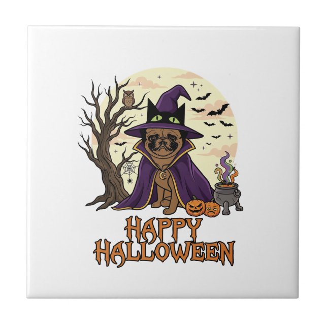 Happy Halloween Pug Witch Hat Cauldron Pumpkins_1 Tile (Front)
