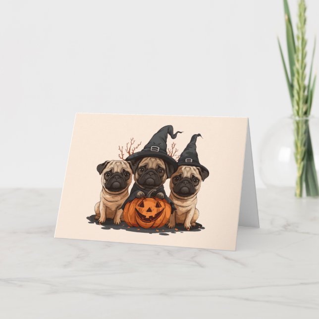 Happy Halloween Pugs Jack O Lanterns Holiday Card (Front)