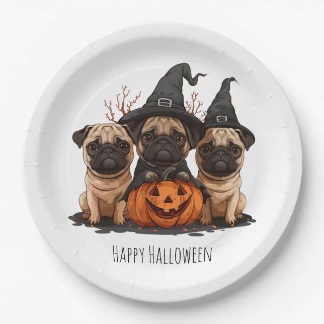 Happy Halloween Pugs Jack O Lanterns Paper Plate (Front)