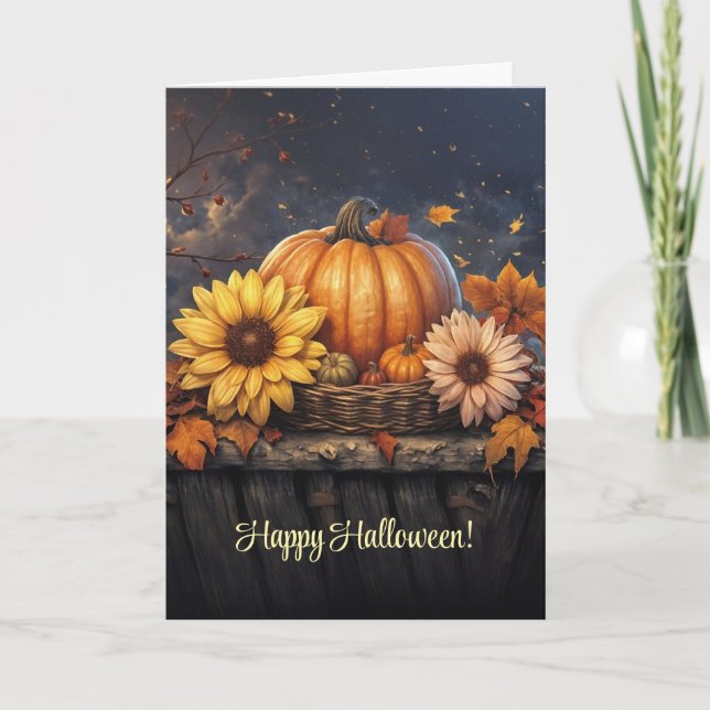 Happy Halloween Pumpkin Autumn Fall Foliage Flower Card (Front)