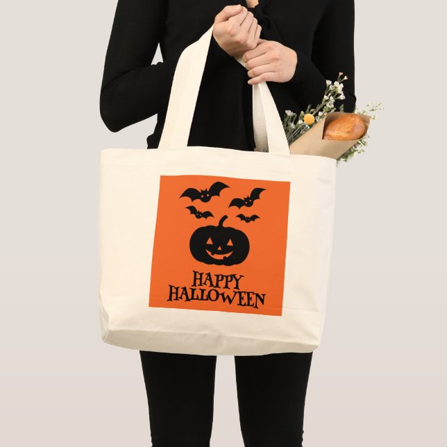 Happy Halloween Pumpkin Bat Minimal Large Tote Bag (Front (Product))