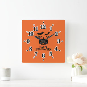 Happy Halloween Pumpkin Bat Minimal Square Wall Clock