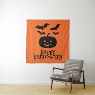 Happy Halloween Pumpkin Bat Minimal Tapestry