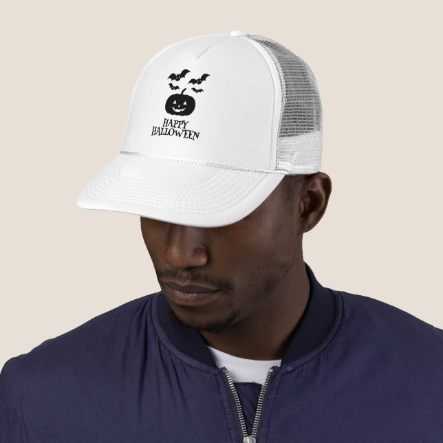 Happy Halloween Pumpkin Bat Minimal Trucker Hat (In Situ)