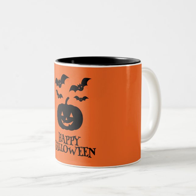 Happy Halloween Pumpkin Bat Minimal Two-Tone Coffee Mug (Front Right)