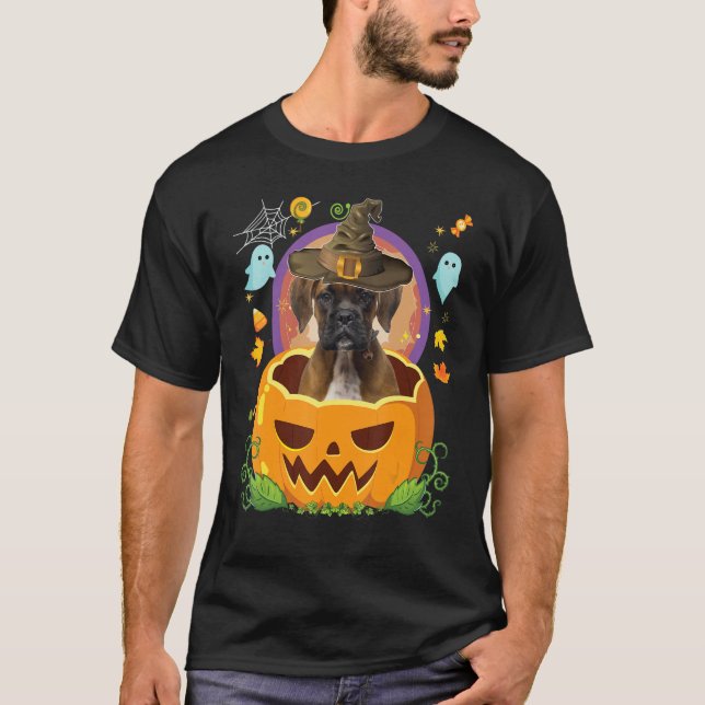 Happy Halloween Pumpkin Boxer Dog Witch Cute Hat   T-Shirt (Front)