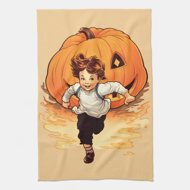 Happy Halloween Pumpkin Chasing Young Boy  Tea Towel (Vertical)