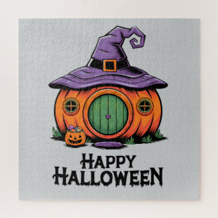 Happy Halloween Pumpkin Cottage & Witch Hat Roof Jigsaw Puzzle