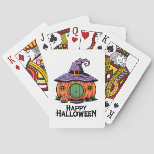 Happy Halloween Pumpkin Cottage & Witch Hat Roof Playing Cards