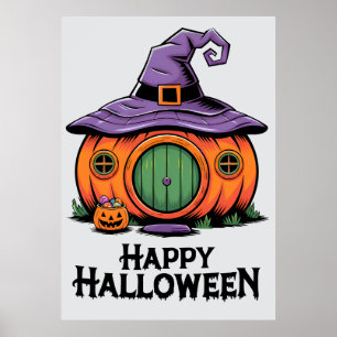 Happy Halloween Pumpkin Cottage & Witch Hat Roof Poster