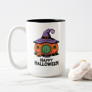 Happy Halloween Pumpkin Cottage & Witch Hat Roof Two-Tone Coffee Mug