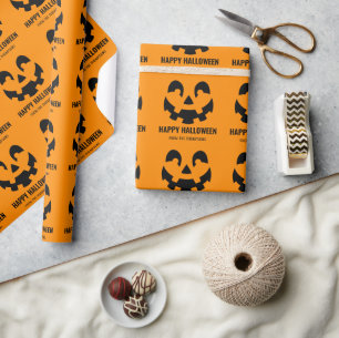 Happy Halloween Pumpkin Face Pattern With Text Wrapping Paper