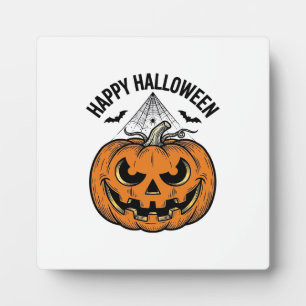 Happy Halloween Pumpkin Face Vintage Vector Design Plaque