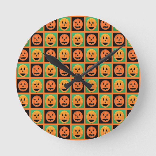 Happy Halloween pumpkin faces Round Clock (Front)