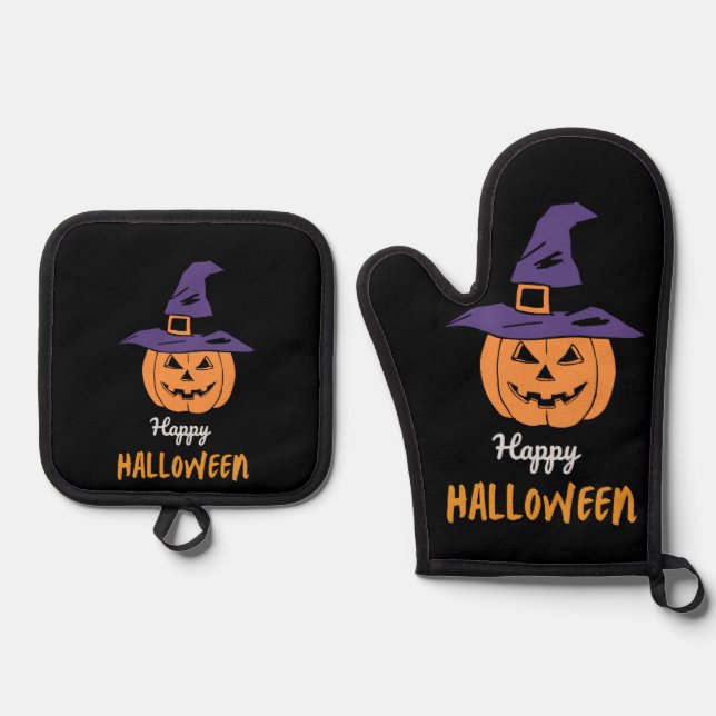 Happy Halloween Pumpkin Oven Mitt & Pot Holder Set (Front)