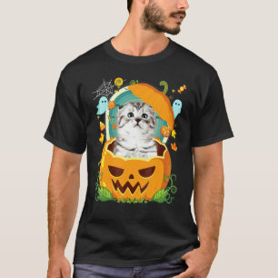 Happy Halloween Pumpkin Scottish Fold Cat Witch Cu T-Shirt