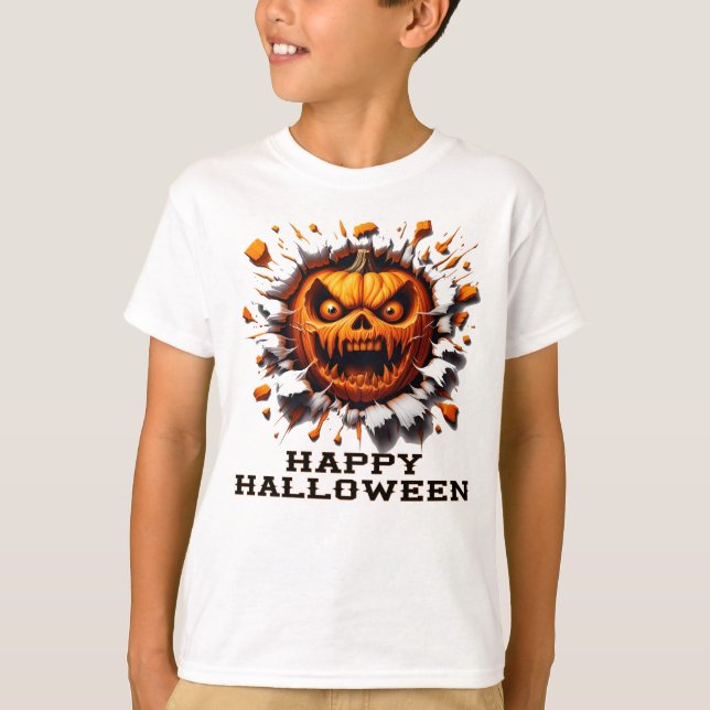 Happy Halloween Pumpkin Smashing Through T-Shirt (Front)