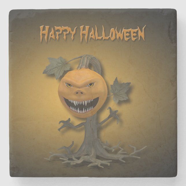 Happy Halloween Pumpkin Tree Stone Coaster (Front)