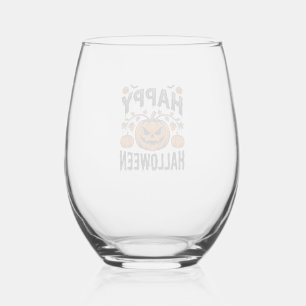 Happy Halloween Pumpkin Vintage Engraving Design_1 Stemless Wine Glass