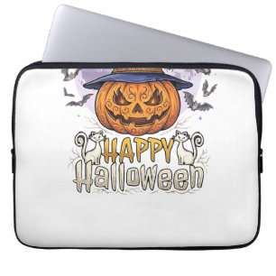 Happy Halloween Pumpkin Witch Hat Bats Full Moon_1 Laptop Sleeve