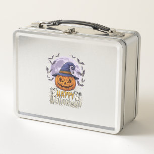 Happy Halloween Pumpkin Witch Hat Bats Full Moon_1 Metal Lunch Box