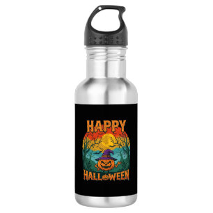 Happy Halloween Pumpkin Witch Hat Full Moon Bats 532 Ml Water Bottle