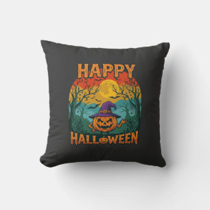Happy Halloween Pumpkin Witch Hat Full Moon Bats Cushion