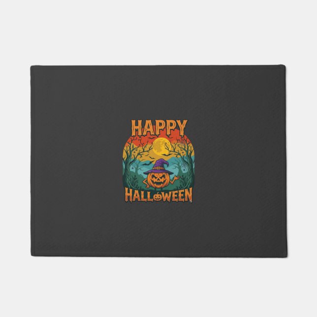 Happy Halloween Pumpkin Witch Hat Full Moon Bats Doormat (Front)