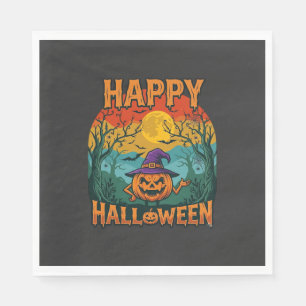 Happy Halloween Pumpkin Witch Hat Full Moon Bats Napkin