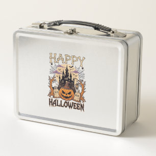 Happy Halloween Pumpkin Witch Hat Haunted Castle M Metal Lunch Box