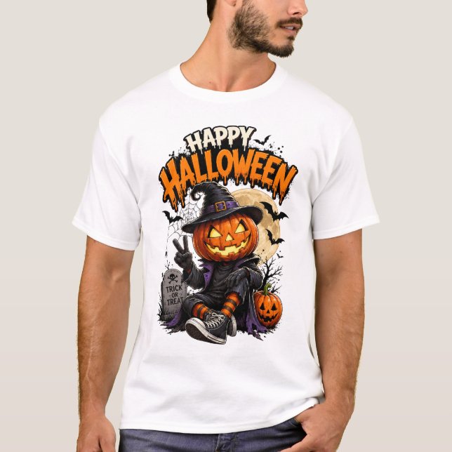 Happy Halloween Pumpkin Witch T-Shirt (Front)