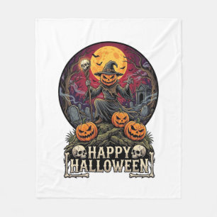 Happy Halloween Pumpkin Wizard Graveyard Full Moon Fleece Blanket