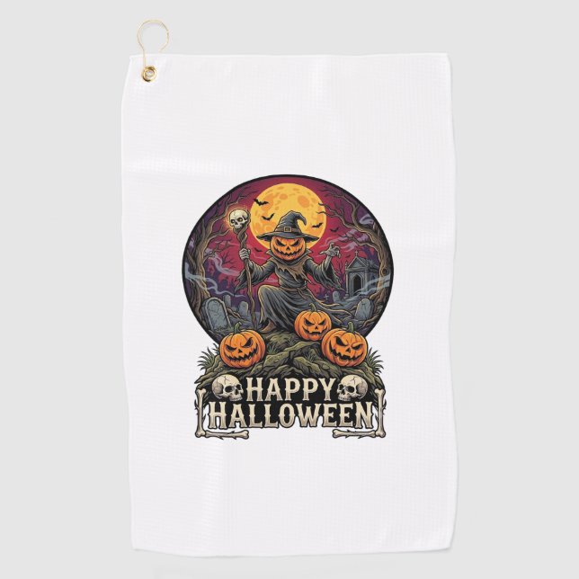 Happy Halloween Pumpkin Wizard Graveyard Full Moon Golf Towel (Front)