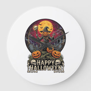 Happy Halloween Pumpkin Wizard Graveyard Full Moon Large Clock