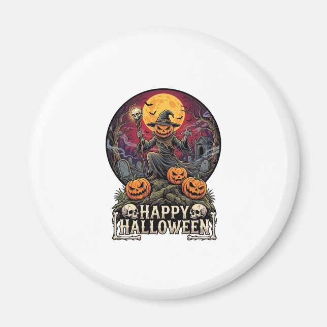 Happy Halloween Pumpkin Wizard Graveyard Full Moon Magnet (Front)
