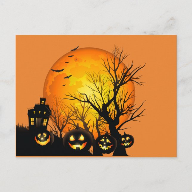 Happy Halloween Pumpkins and Haunted House Postcard (Front)