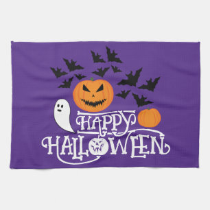 Happy Halloween pumpkins ghost bats text purple  Tea Towel