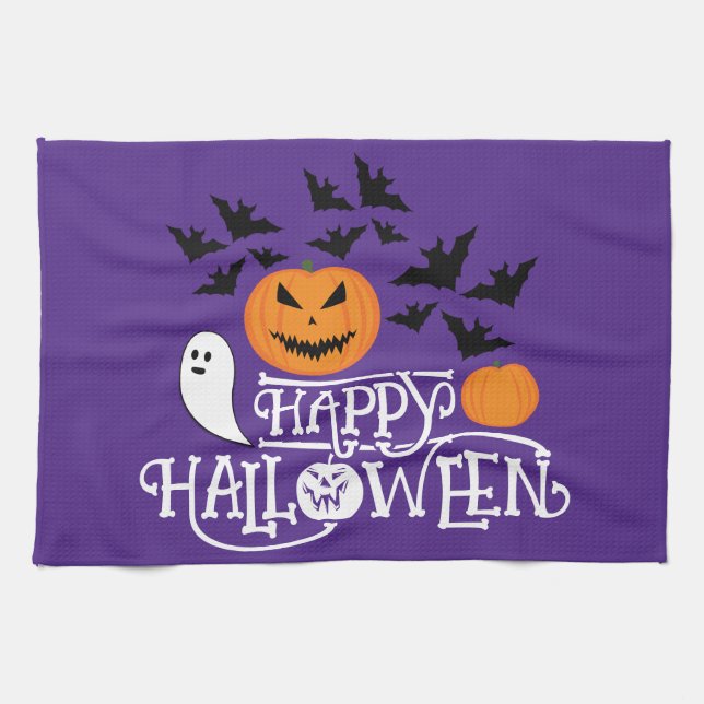 Happy Halloween pumpkins ghost bats text purple  Tea Towel (Horizontal)