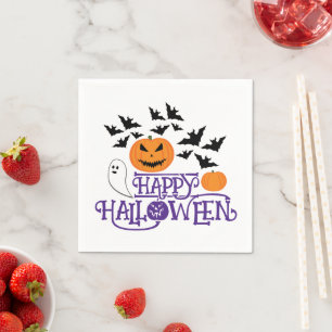 Happy Halloween pumpkins ghosts bats purple text Napkin