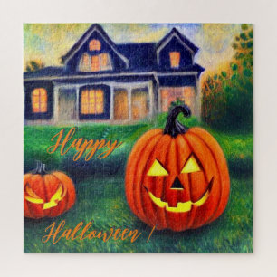 Happy Halloween - pumpkins in front of a house Jigsaw Puzzle