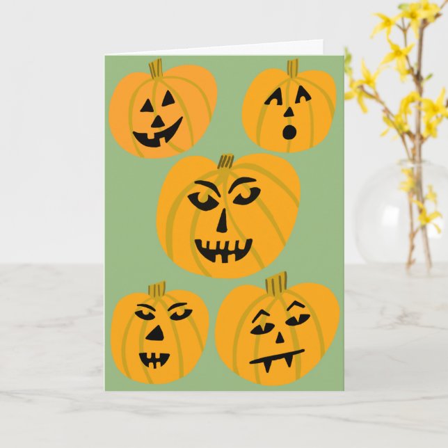 HAPPY HALLOWEEN Pumpkins Jack-O-Lanterns Card (Yellow Flower)