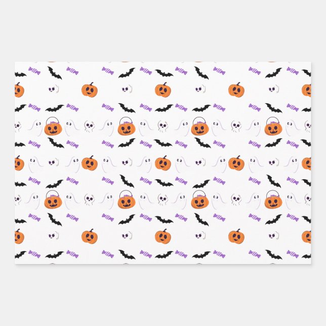 Happy Halloween Pumpkins Monster Ghost Bat Pattern Wrapping Paper Sheet (Front)