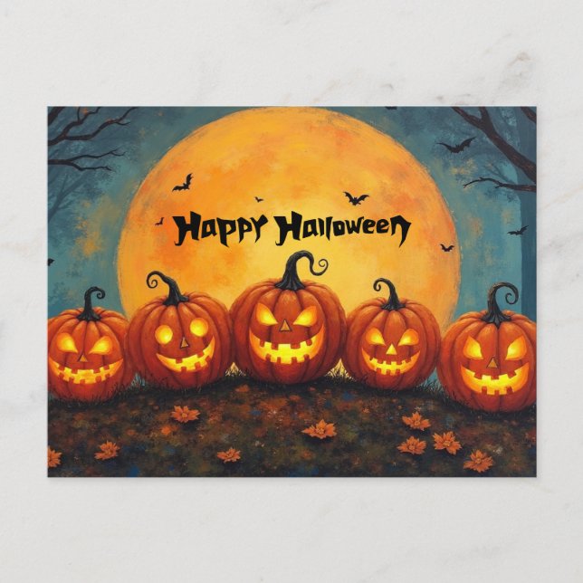 Happy Halloween Pumpkins on Full Moon  Holiday Postcard (Front)