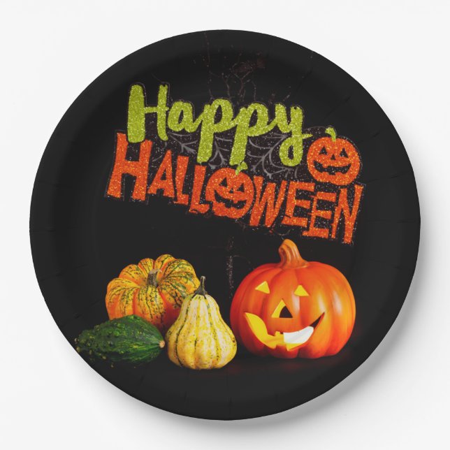 Happy Halloween Pumpkins Paper Plate (Front)