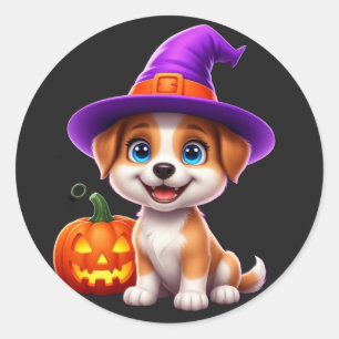 Happy Halloween Puppy With Jack O Lantern 🐶 Classic Round Sticker
